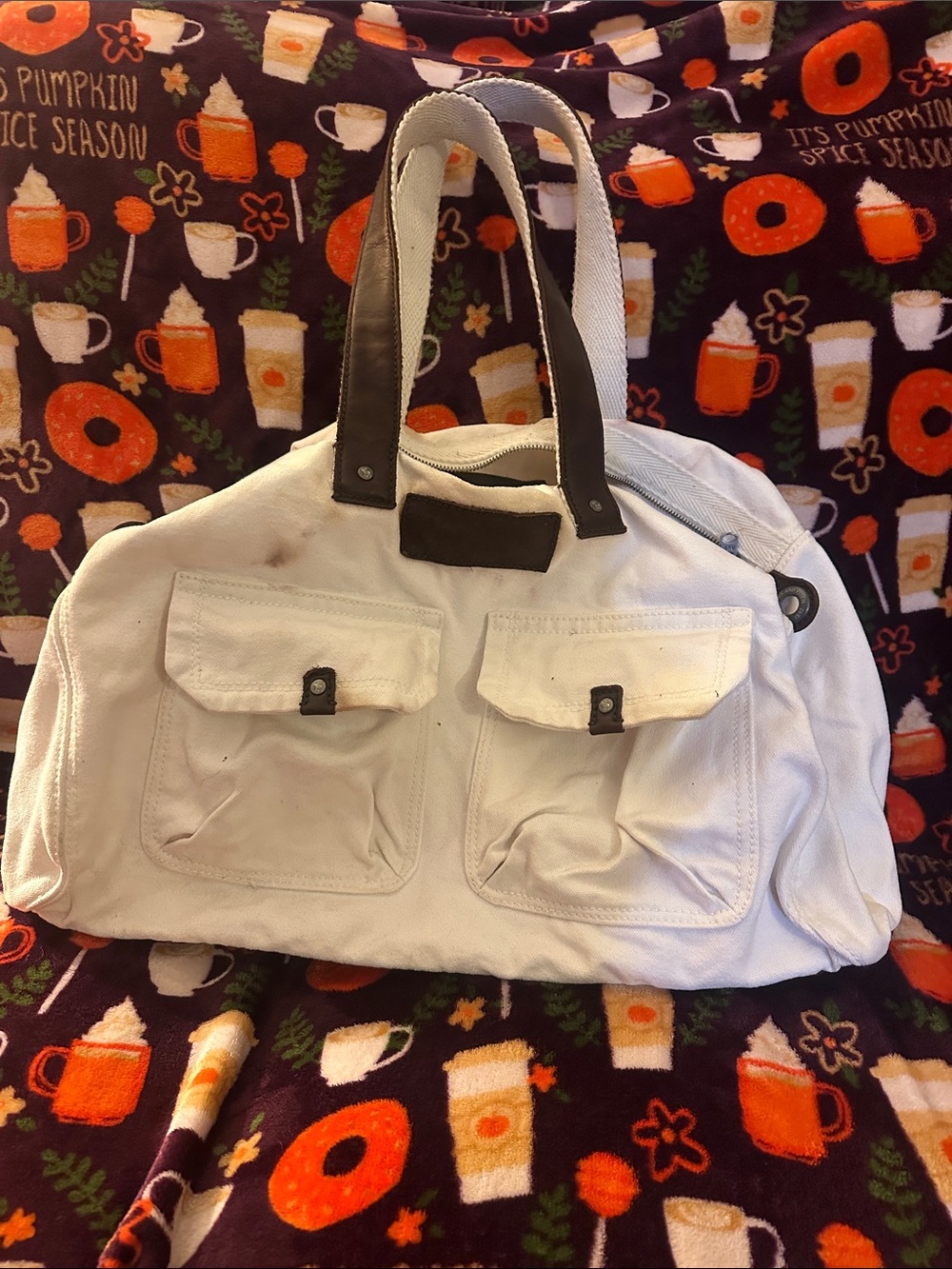 Abercrombie & Fitch White Canvas Tote with Dark Brown Handles